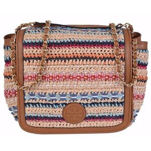 Tory Burch Marion Colorful Woven Straw Brown Leather Flap Shoulder Bag